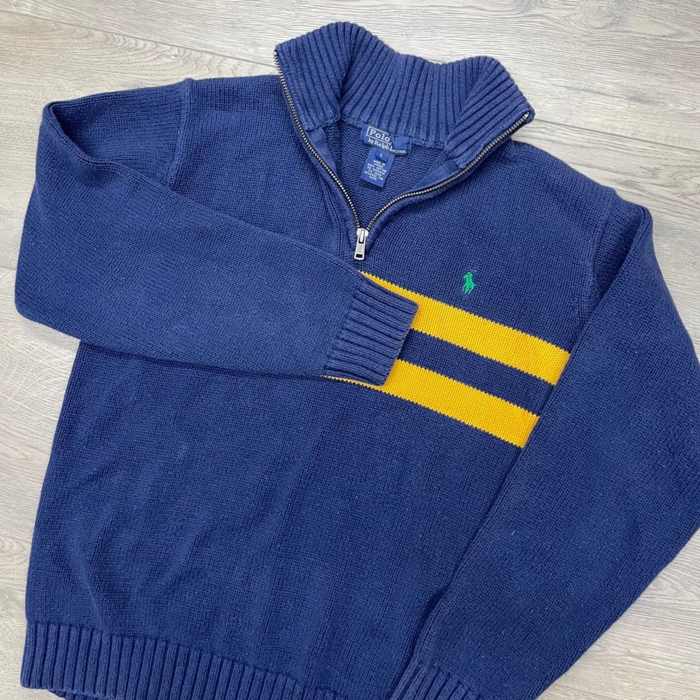 Polo Ralph Lauren Quarter Zip Sweater Boys L Navy Blue Yellow Stripe EG542461